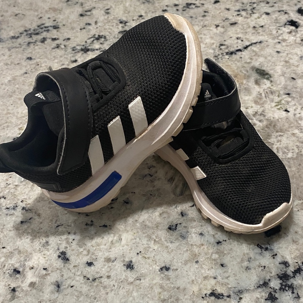 Adidas Kids Black and White Sneakers with Blue Accent